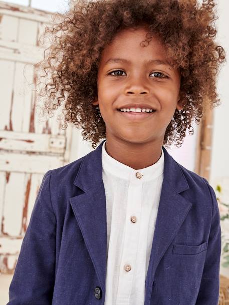 Chemise col Mao en coton/lin garçon manches retroussables BLANC+bleu ciel+Bleu moyen+vert - vertbaudet enfant 