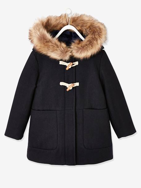 Fille-Manteau, veste-Duffle-coat à capuche en drap de laine fille fermé par brandebourgs