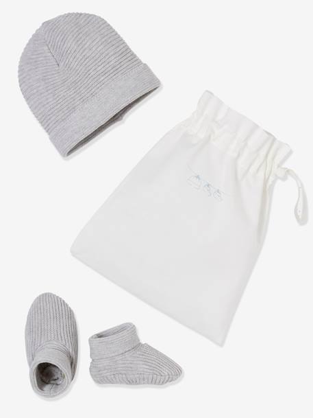 Ensemble Bebe Naissance Chaussons Et Bonnet Tricot Bio Gris Clair Bebe