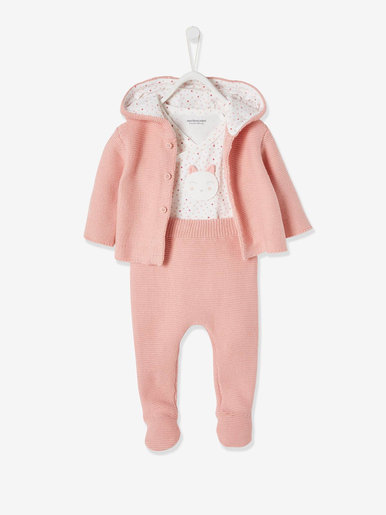 Ensemble Naissance 3 Pieces Point Mousse Rose Poudre Bebe Ensemble Naissance 3 Pieces Point Mousse Rose Poudre Bebe