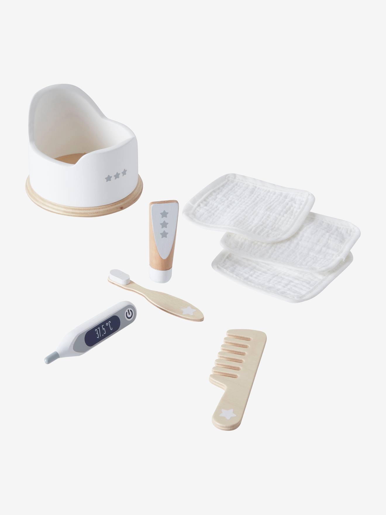 Vertbaudet Set Houten Hygiëne-accessoires Voor Poppen Wit