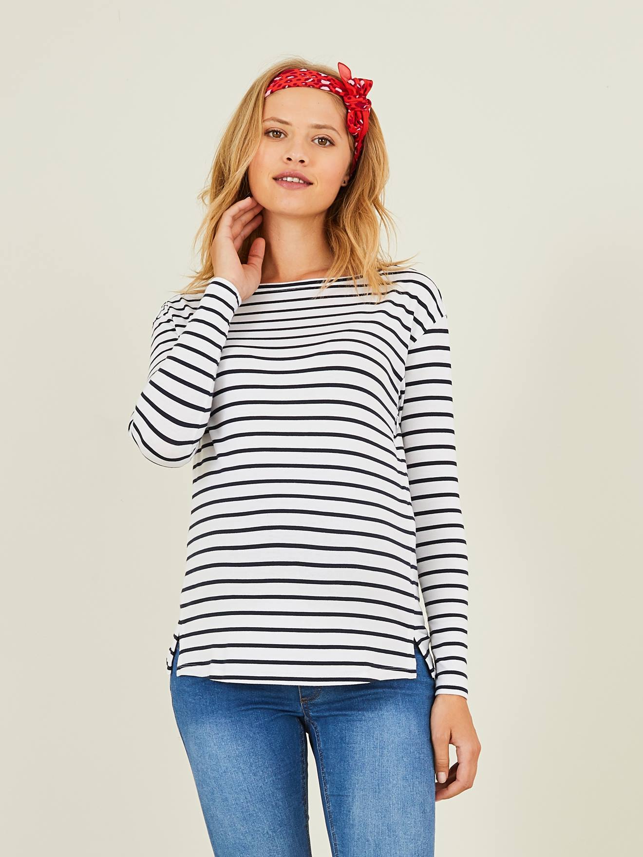 Vertbaudet Crossover T-shirt Voor Zwangerschap En Borstvoeding Helderwit Met Marineblauwe Str
