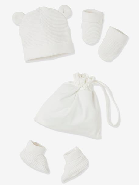 Ensemble Bonnet Moufles Et Chaussons Bebe Naissance Et Son Sac Assorti Oeko Tex Ecru Bebe