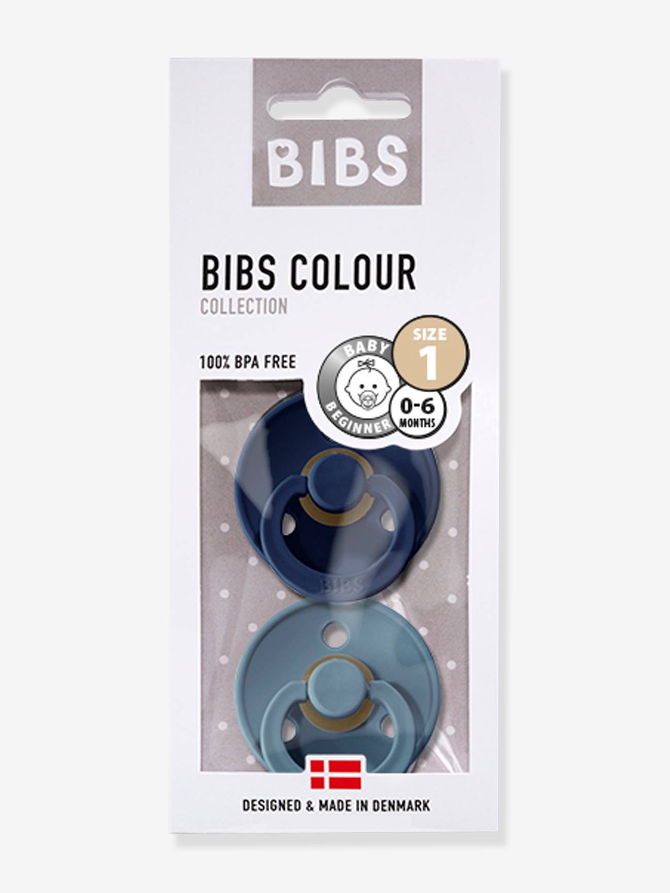 Lot de 2 sucettes-tétines BIBS Colour, taille 1 de 0 à 6 mois - gris  fer/bleu layette, Puériculture