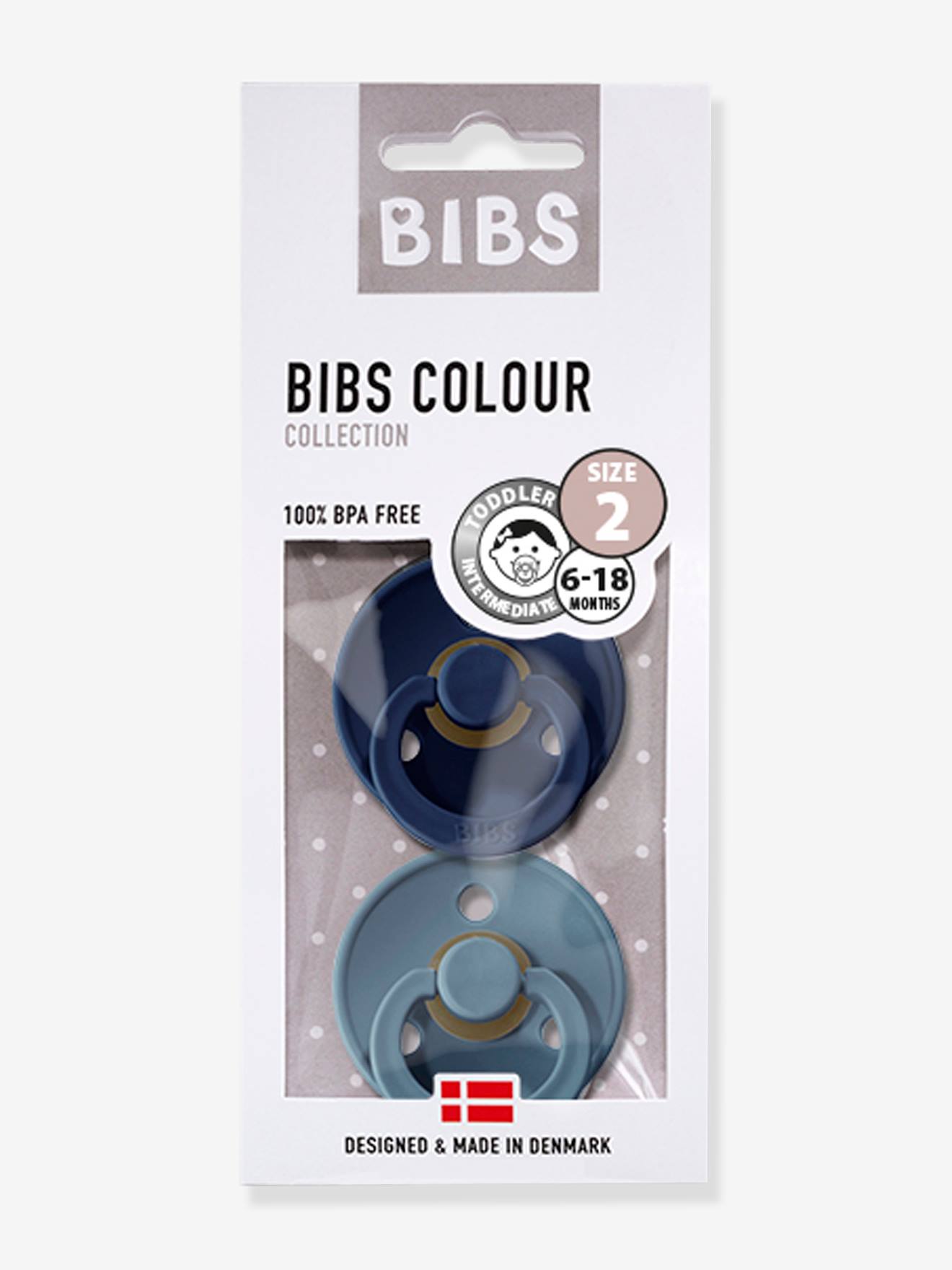 Lot de 2 sucettes-tétines BIBS Colour ou Colour Night, taille 2 de 6 à 18  mois - bleu profond/petrole, Puériculture