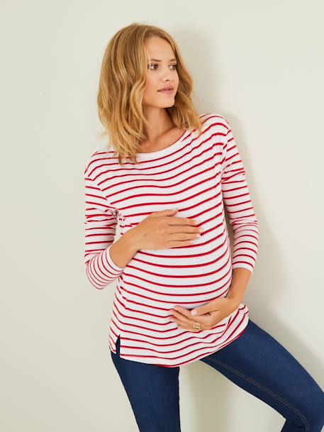 T-shirt marinière de grossesse et d'allaitement Blanc clair rayé marine+Blanc rayé rouge - vertbaudet enfant 