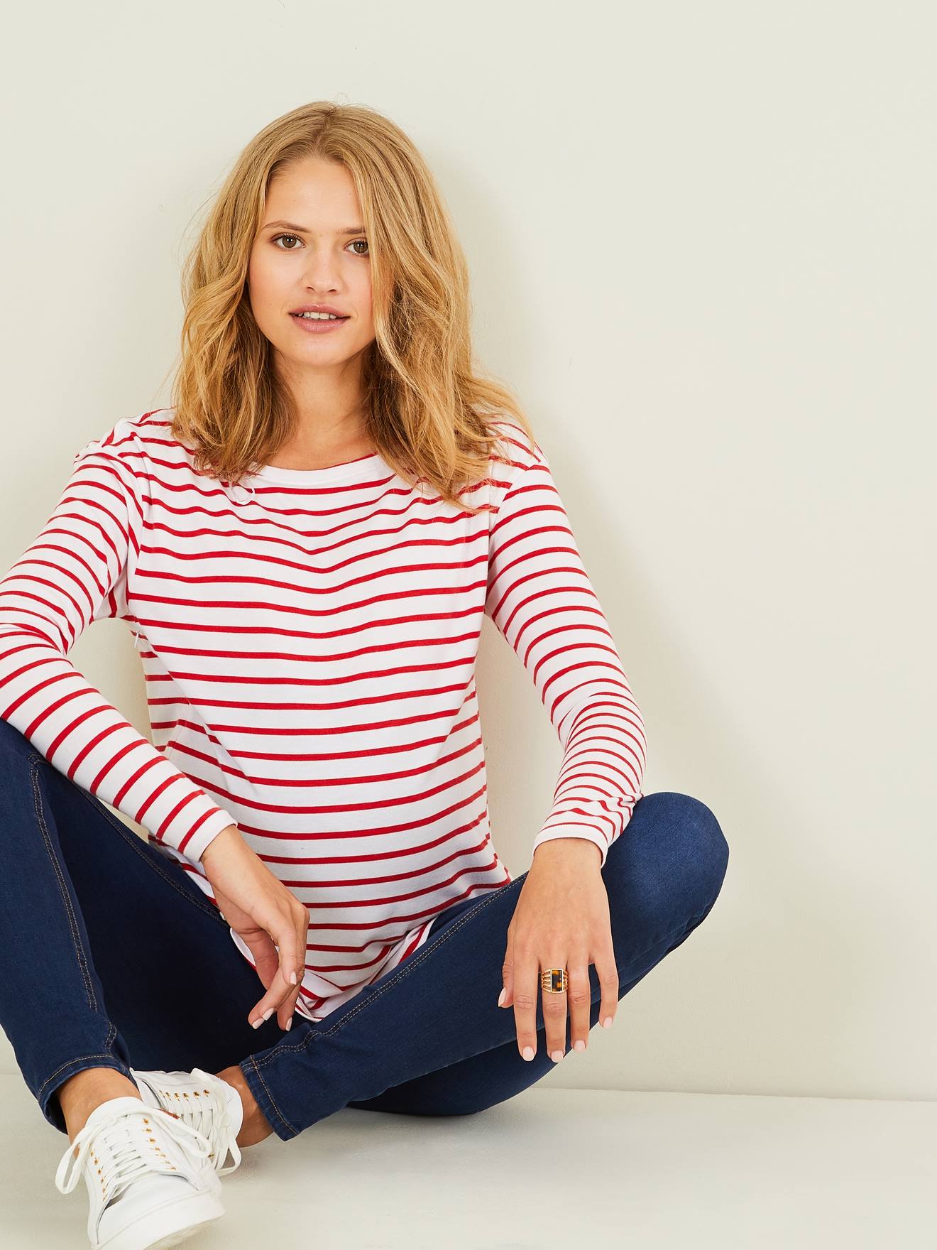 Vertbaudet Crossover T-shirt Voor Zwangerschap En Borstvoeding Wit Met Rode Strepen