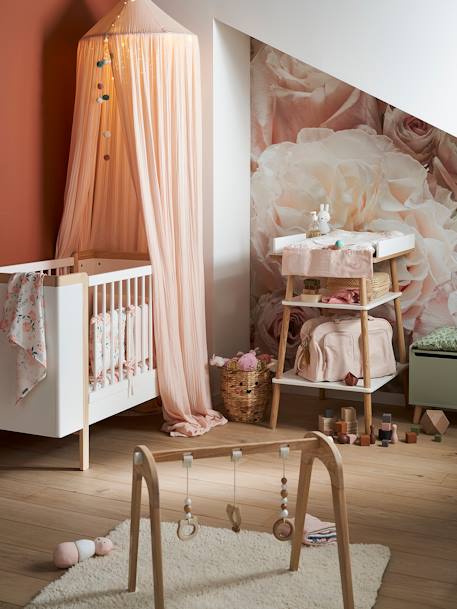 Ciel de lit en gaze de coton avec pompons beige poudré+rose+vert sauge - vertbaudet enfant 