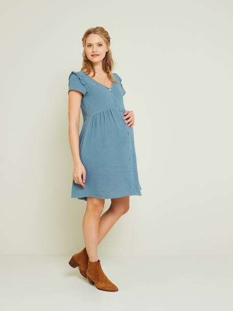 Robe de grossesse et d'allaitement gaze de coton blanc+caramel+sauge - vertbaudet enfant 