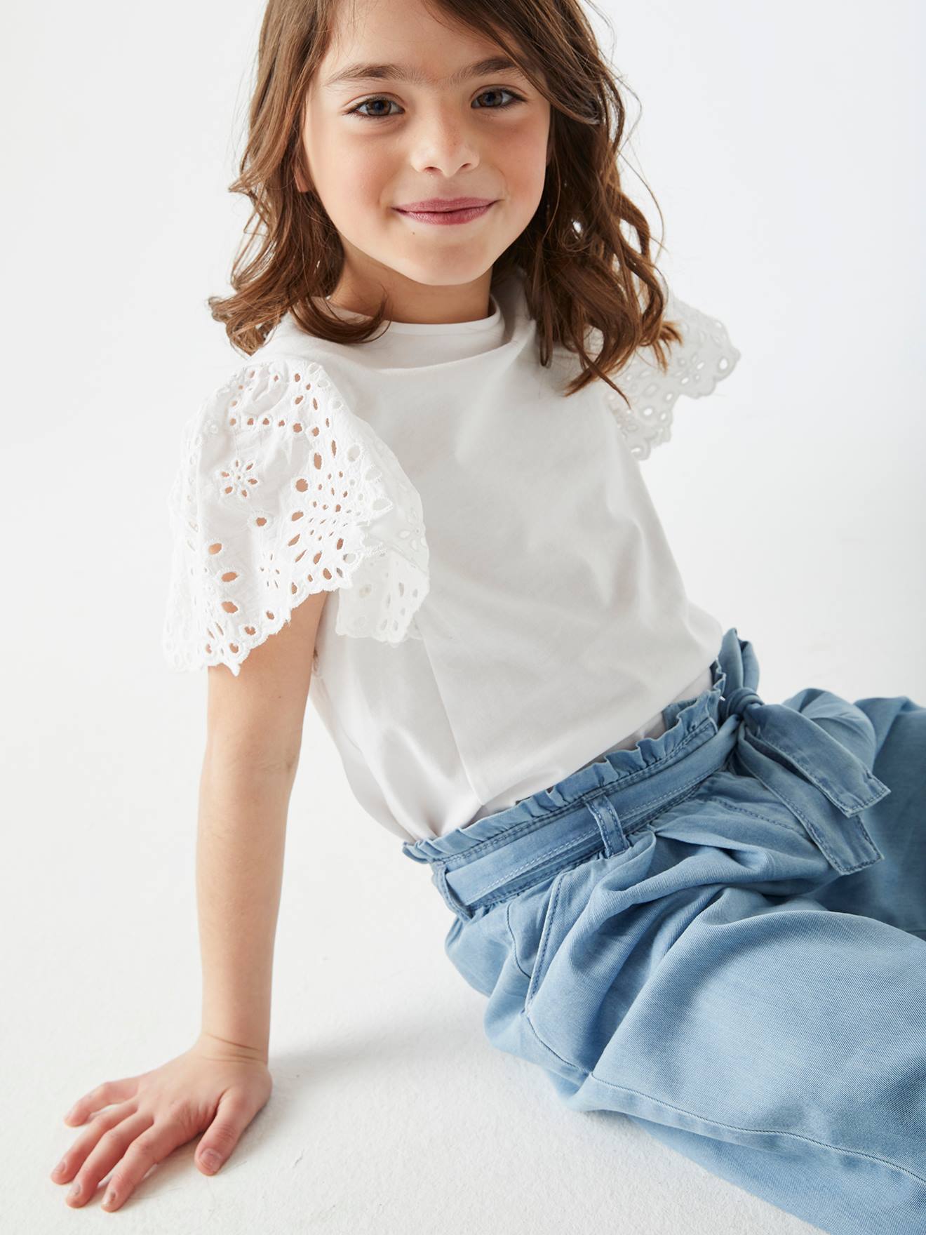 Vertbaudet Wijde "paperbag"-driekwartmeisjesbroek Van Licht Denim Double Stone