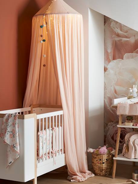 Ciel de lit en gaze de coton avec pompons beige poudré+rose+vert sauge - vertbaudet enfant 