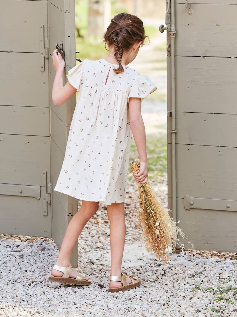 Robe fille en gaze de coton imprimée manches papillon rose pâle