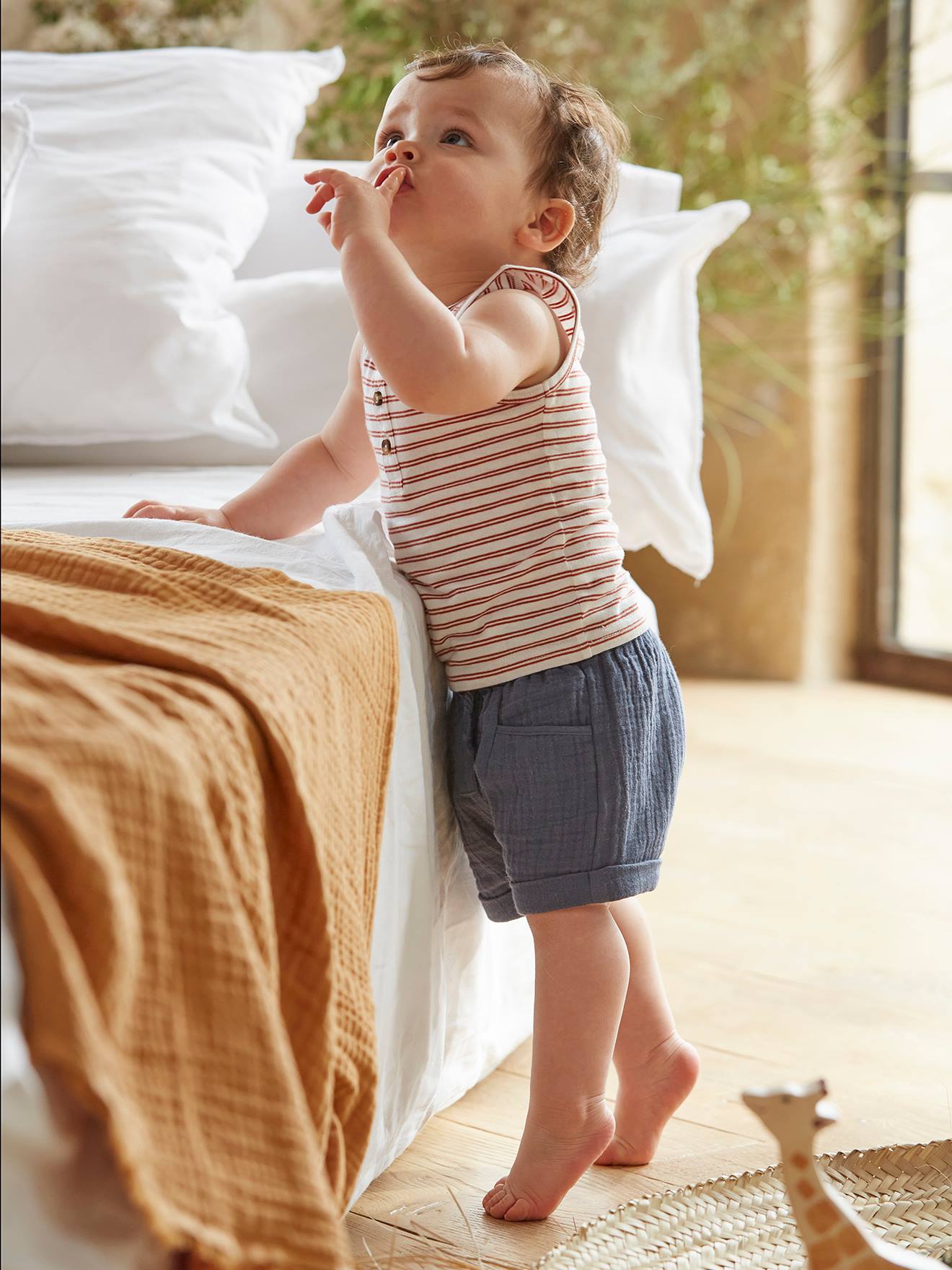 Short En Gaze De Coton Bebe Bleu Jean Bebe