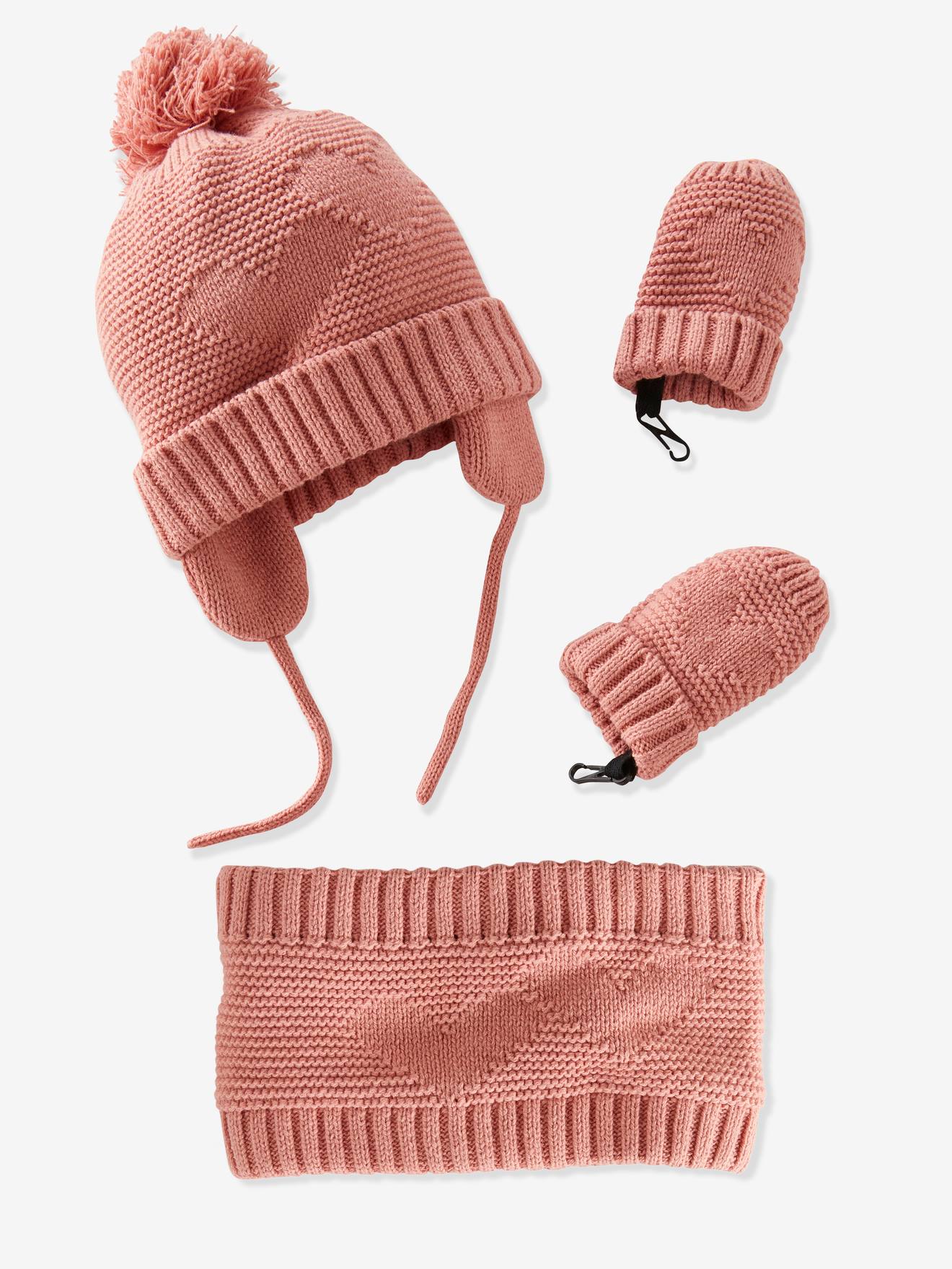 Ensemble Bonnet Snood Moufles Bebe Fille Oeko Tex Rose Bebe