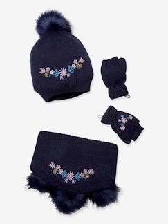 Fille-Accessoires-Ensemble fille bonnet + snood + mitaines brodé fleurs