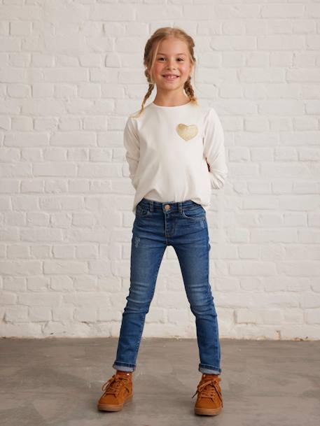 Jean slim MorphologiK 'waterless' fille tour de hanches MEDIUM avec usures BLEU FONCE DELAVE+Brut+denim black+GREY DENIM - vertbaudet enfant 