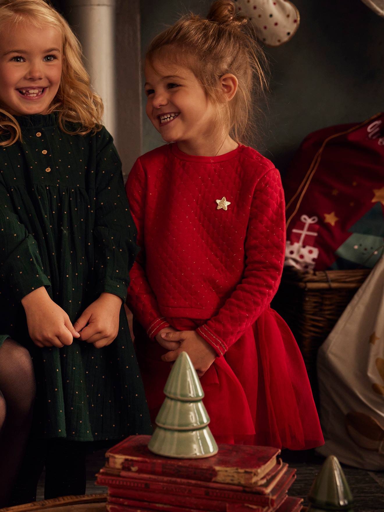 Vertbaudet Kerstmeisjesjurk Van Twee Soorten Materiaal Baksteenrood