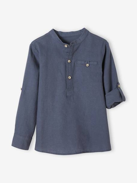 Chemise col Mao en coton/lin garçon manches retroussables BLANC+bleu ciel+Bleu moyen+vert - vertbaudet enfant 