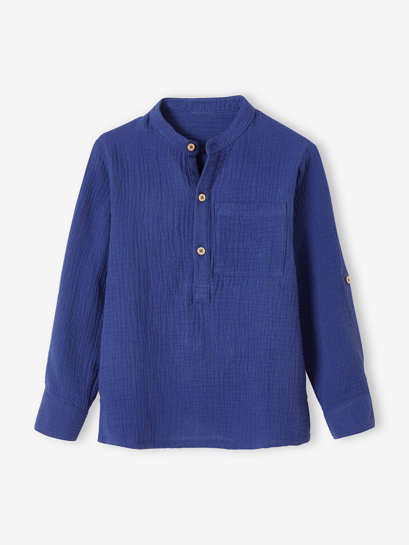 Chemise Garçon En Gaze De Coton VERTBAUDET - Manches Retroussables Bleu - Taille 14A