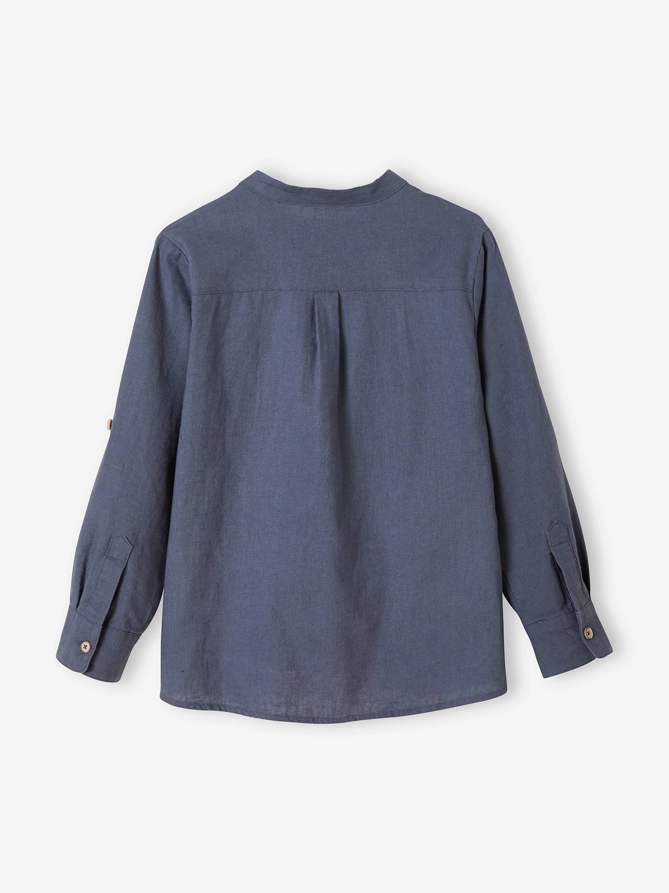 Chemise Col Mao Garçon Coton Lin - Manches Retroussables Bleu Ciel VERTBAUDET 8A