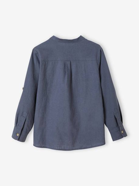 Chemise col Mao en coton/lin garçon manches retroussables BLANC+bleu ciel+Bleu moyen+vert - vertbaudet enfant 