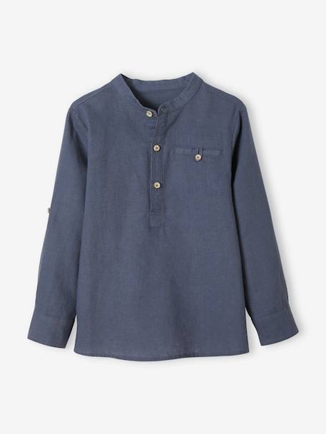 Garçon-Chemise col Mao en coton/lin garçon manches retroussables