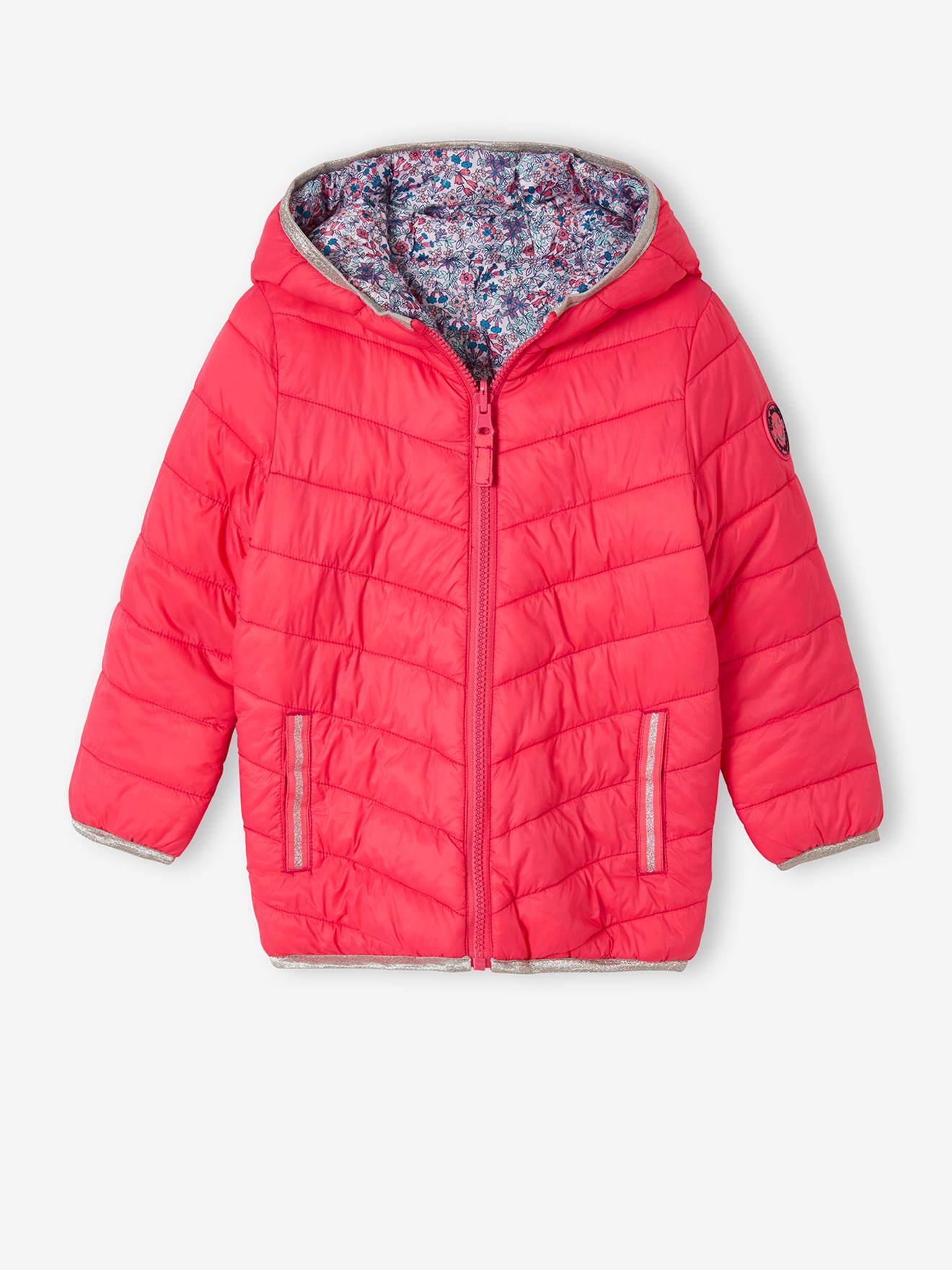 Vertbaudet Lichtgewicht Omkeerbaar Meisjesjack Met Capuchon En Gerecyclede Polyester Voering Roze Met Print