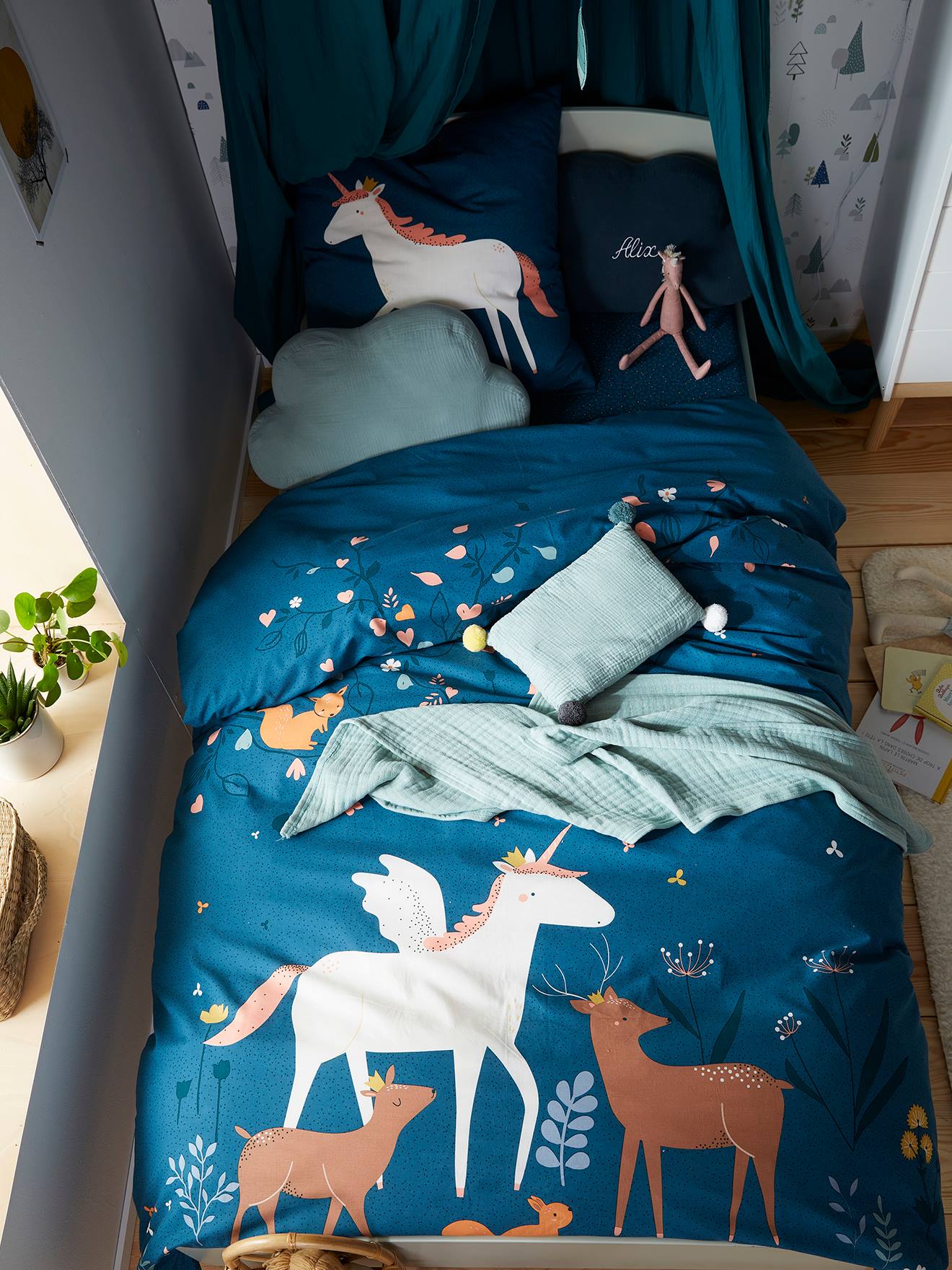 Vertbaudet Dekbedovertrek + Kussensloopset Voor Kinderen Foret Enchantee Blauw