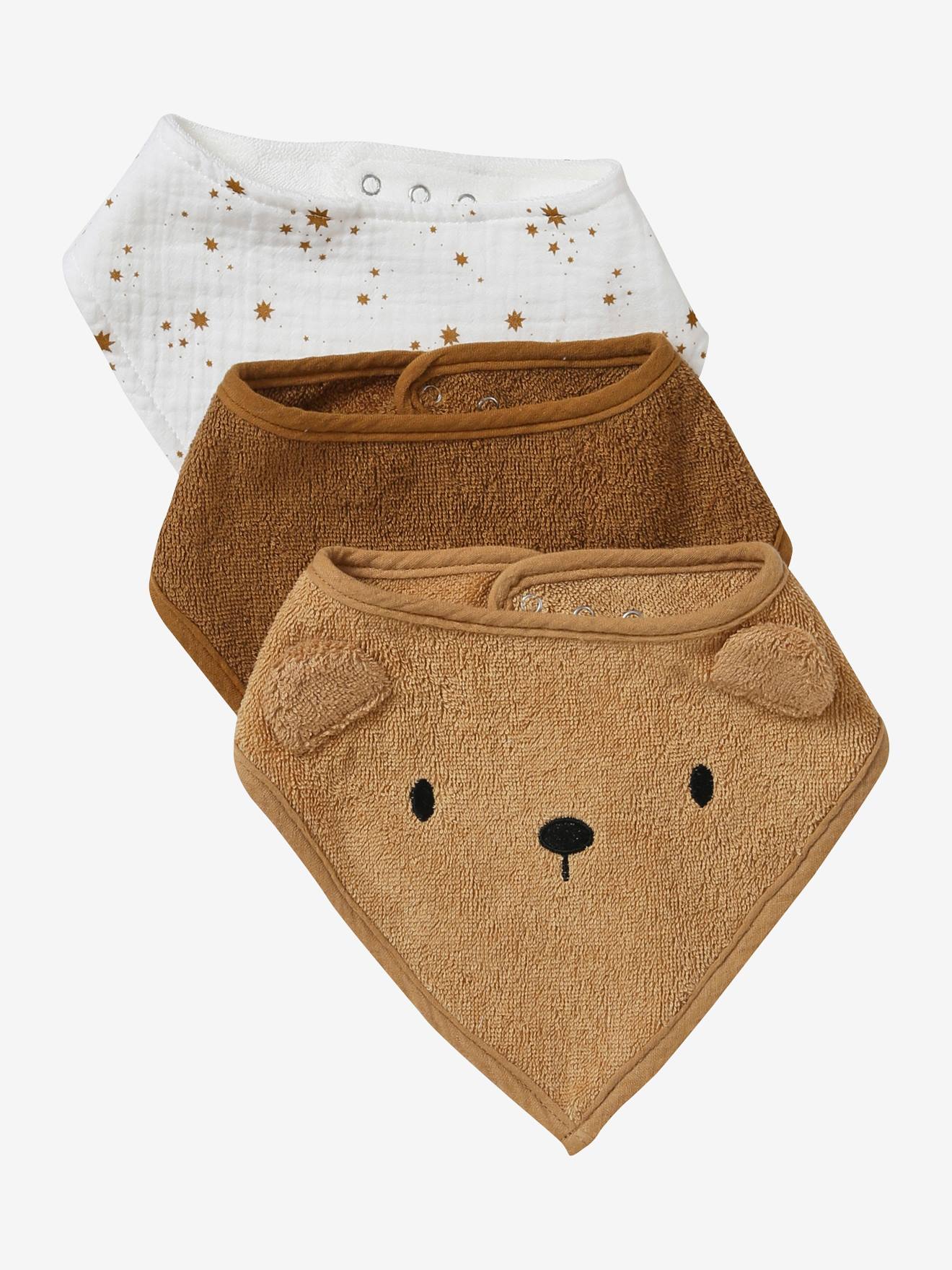 Vertbaudet Set Met 3 Bandanaslabbetjes Van Badstof En Katoengaas. Karamel