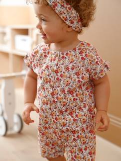 Baby-Salopette, jumpsuit-Babypakje en hoofdband meisje van katoenvoile met bloemenprint