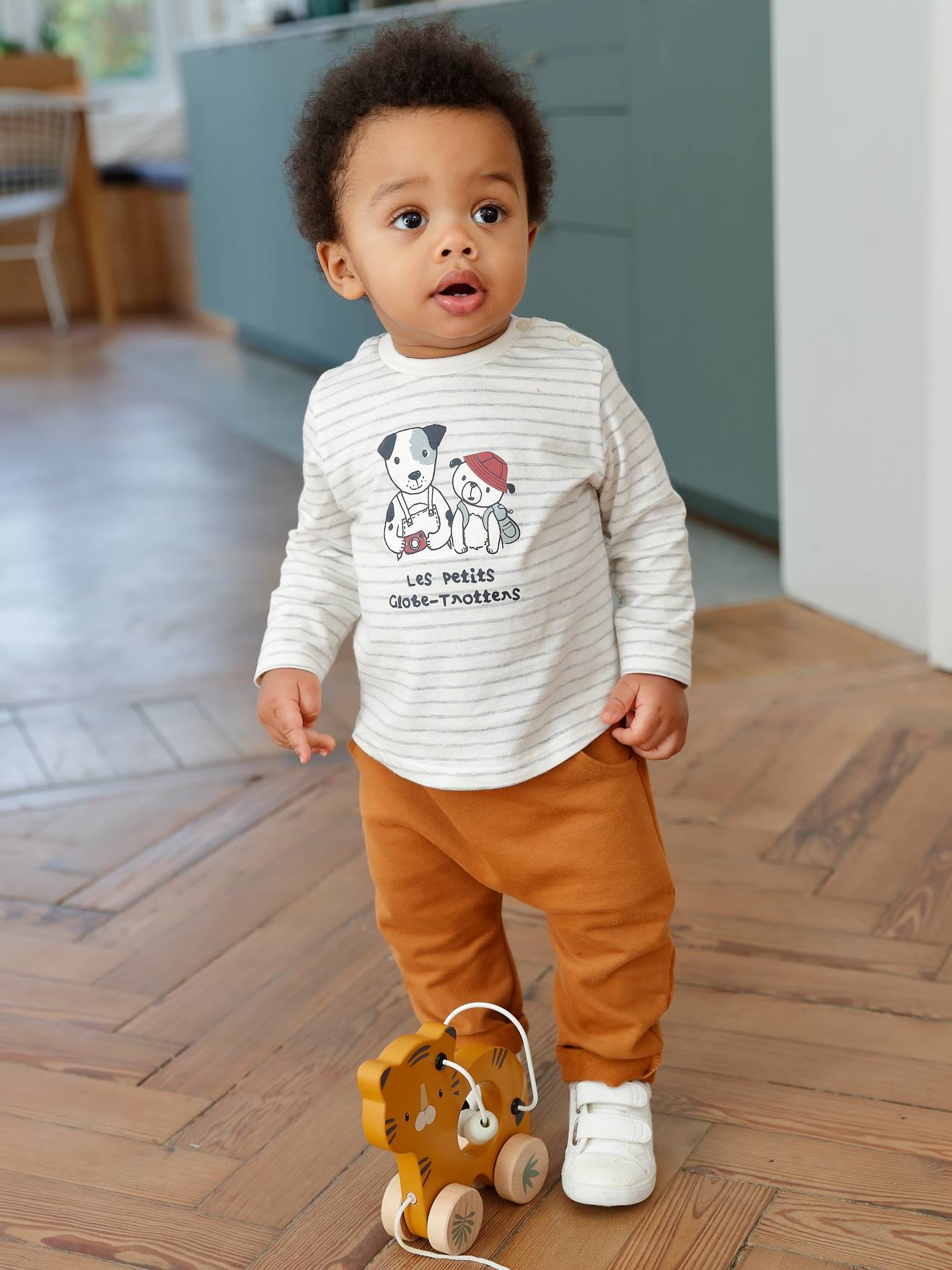 Vertbaudet Babyset T-shirt + Molton Broek Gestreept / Karamel