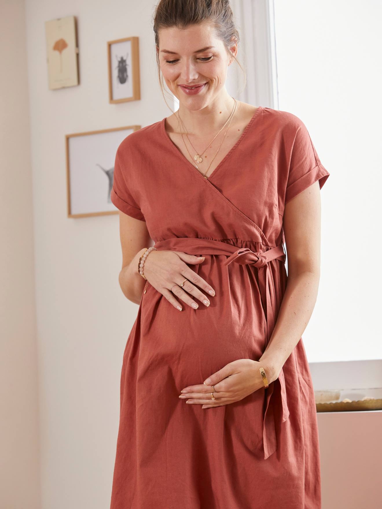 Dakloos Opa lassen Lange wikkeljurk van linnen en katoen, zwangerschap en borstvoeding - rood,  Zwangerschapskleding