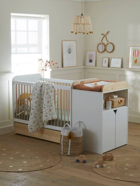 Lit bébé avec barrière amovible + rangement bibliothèque LIGNE PIROUETTE -  blanc, Chambre et rangement