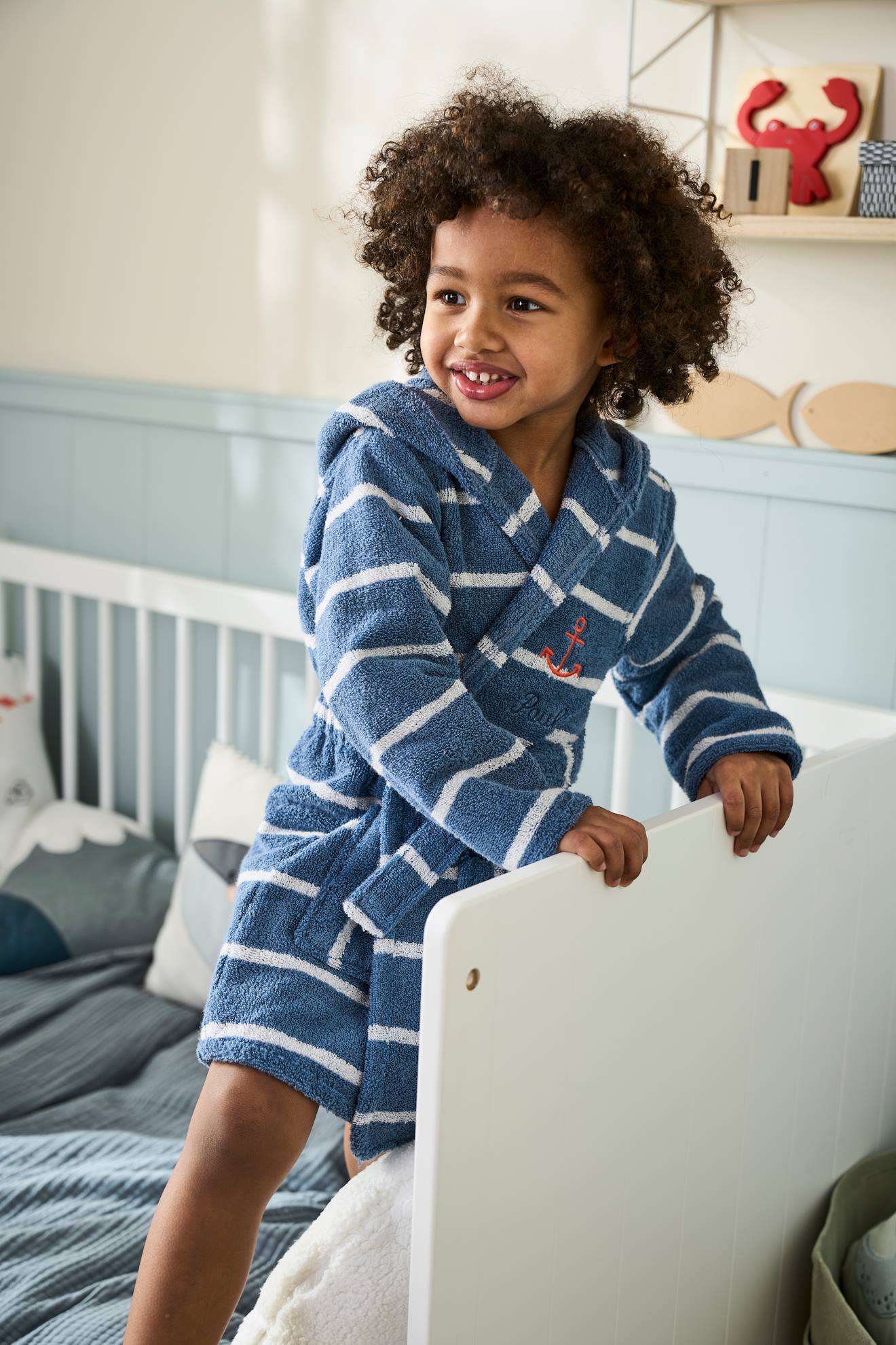 Vertbaudet Personaliseerbare Gestreepte Kinderbadjas Met Capuchon Oeko-Tex® Blauw/wit