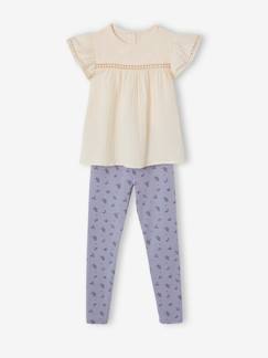 Fille-Pantalon-Ensemble fille blouse en gaze de coton brodée et legging imprimé fleurs