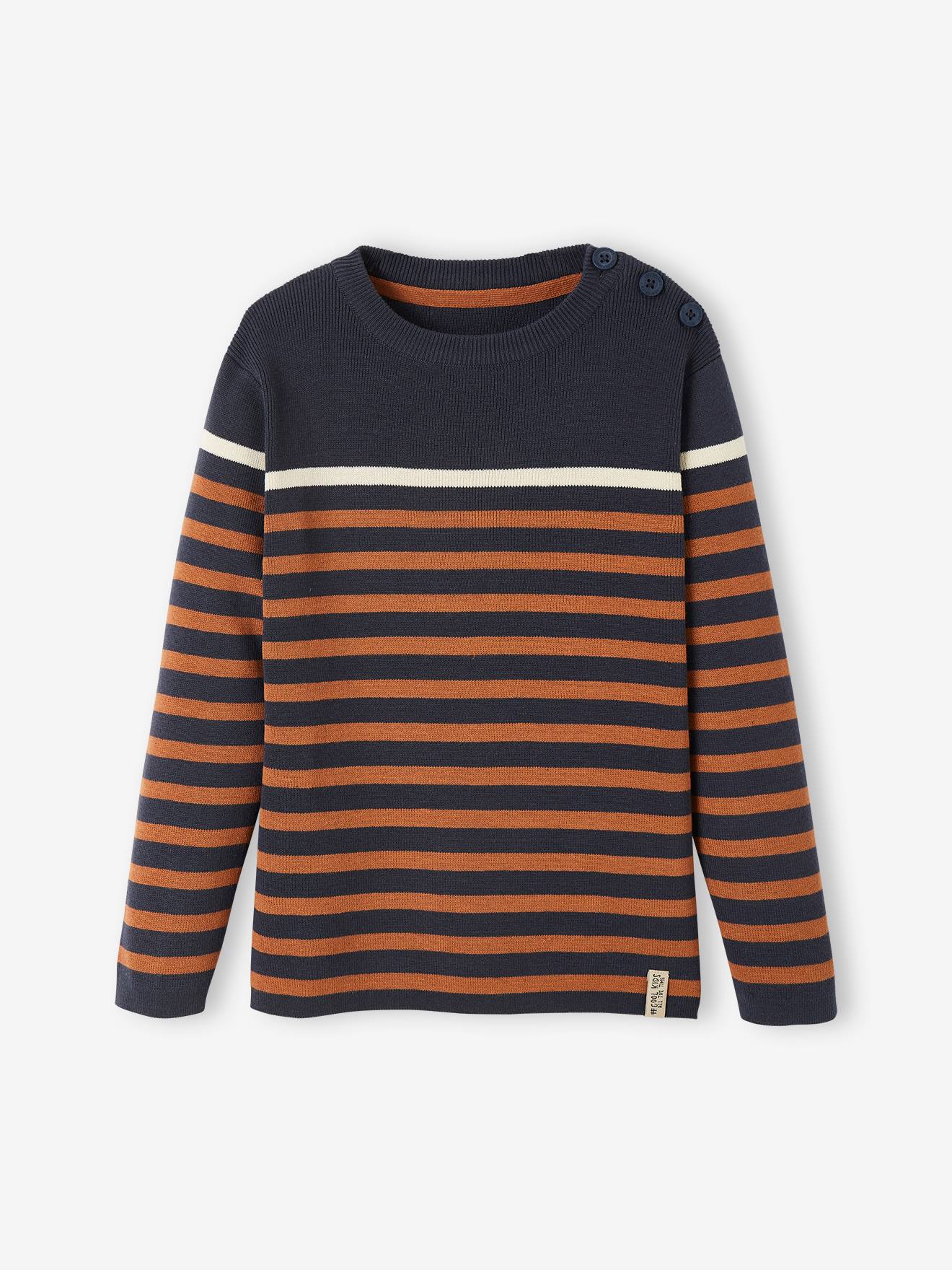 Pull Garçon Rayé En Maille Mousseuse - Manches Longues, Col Rond, Doux Et Confortable Pour L'automne/hiver