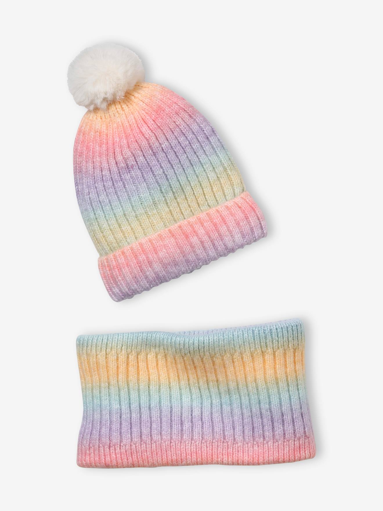 Vertbaudet Set Muts + Snood Regenboog Meisje Lichtblauw Tweekleurig/veelkle