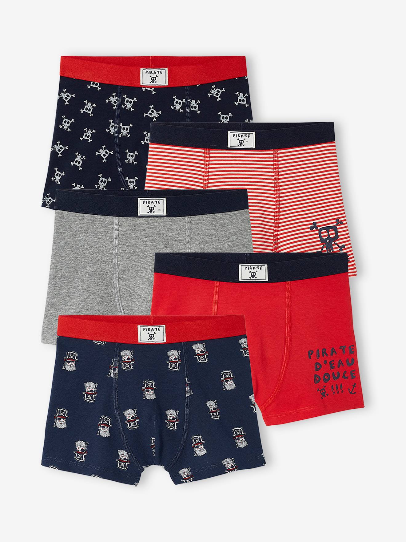 Vertbaudet Set Met 5 Stretch Boxers "piraten" Voor Jongens Set Marineblauw En Rood