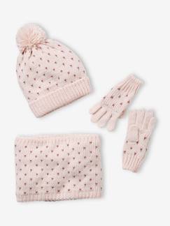 Meisje-Accessoires-Meisjesmuts, sjaal, handschoenen-Set muts + snood + handschoenen met hartjes meisje