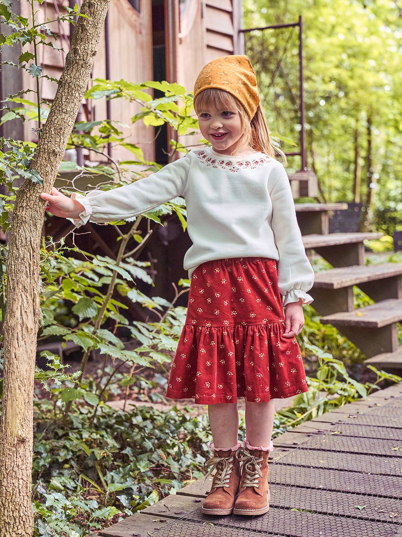 Jupe en velours fille motifs fleurs détails irisés marron imprimé