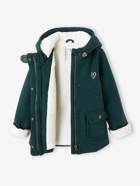 Manteau à capuche en drap de laine fille doublé sherpa - vert foncé