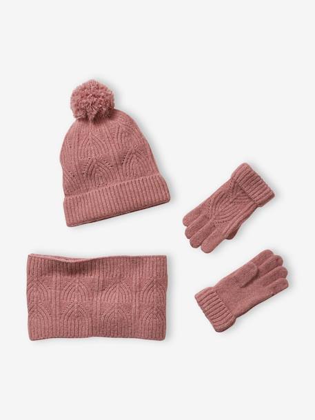 Fille-Ensemble fille bonnet, snood, gants en maille fantaisie