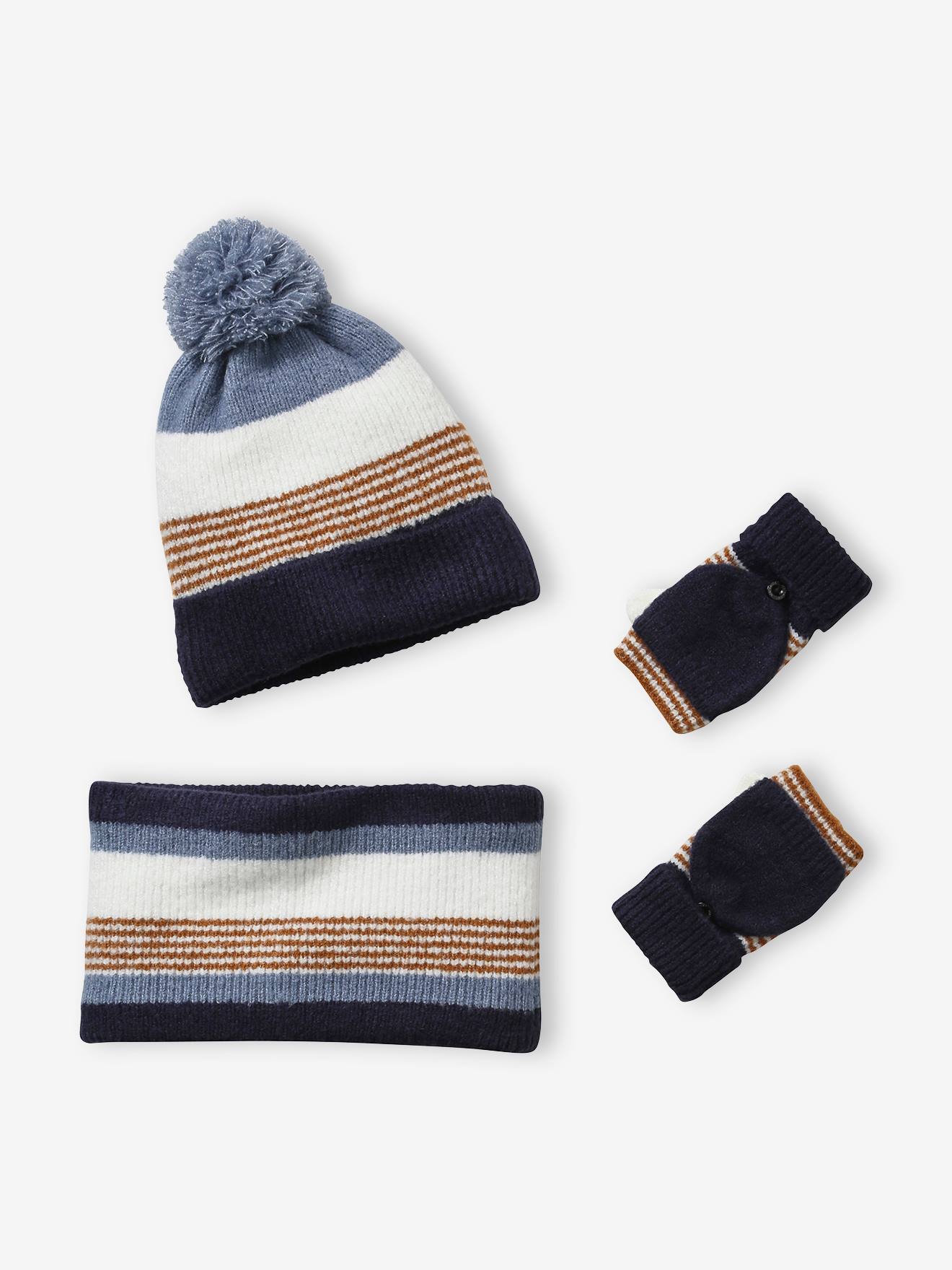 Vertbaudet Gestreepte Set Van Muts + Snood + Handschoenen Voor Jongens Marine