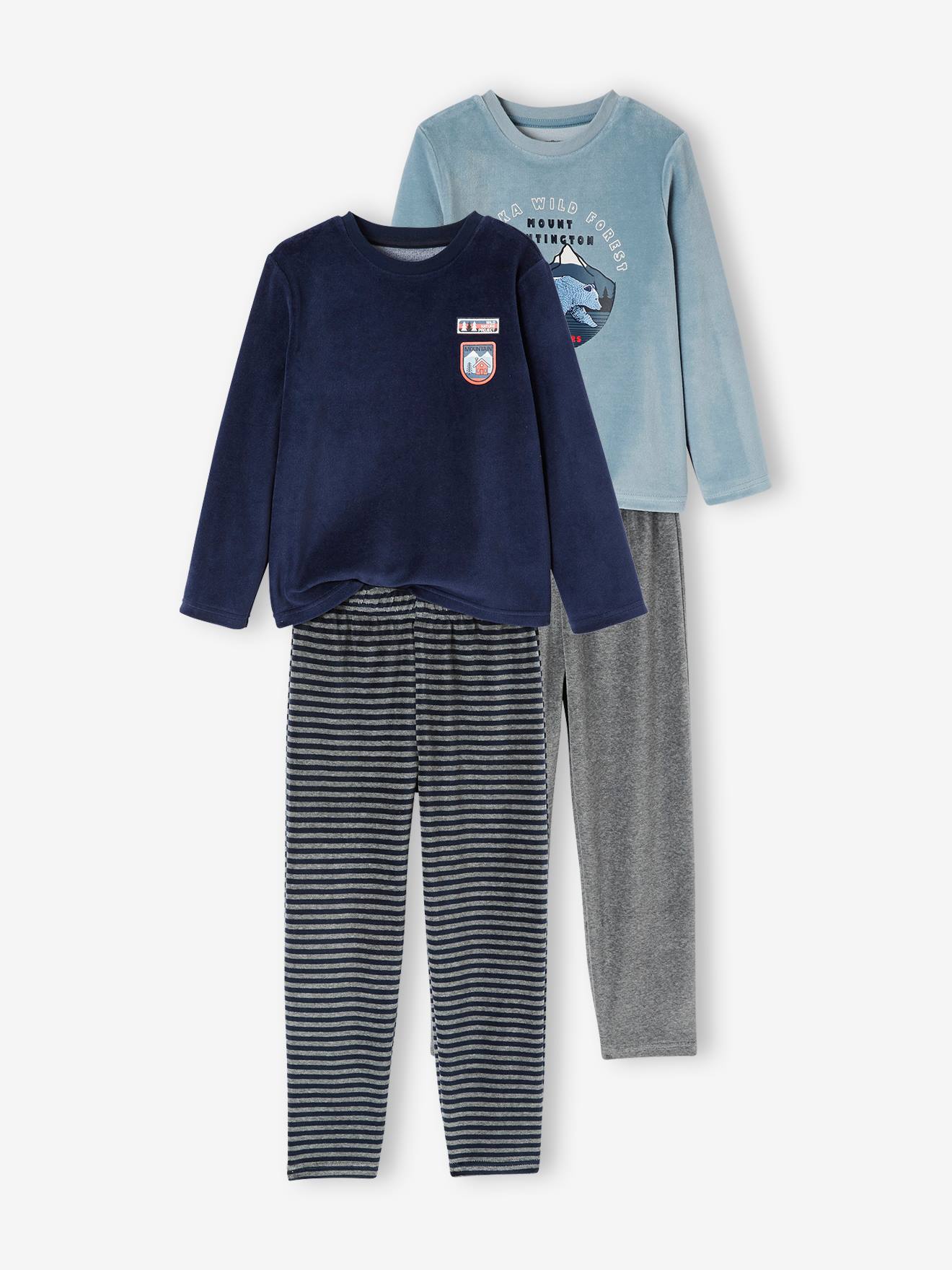 Vertbaudet Set Van 2 "natuur" Fluwelen Pyjama's Voor Jongens Set Blauw En Grijs