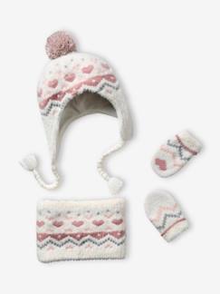 Fille-Accessoires-Ensemble en maille jacquard bonnet + snood + moufles bébé fille