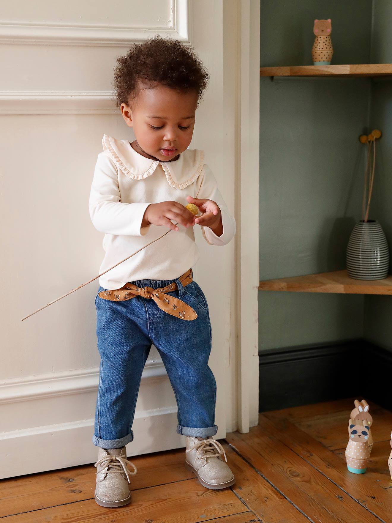 Vertbaudet Babyjeans Met Stoffen Riem Denim Stone