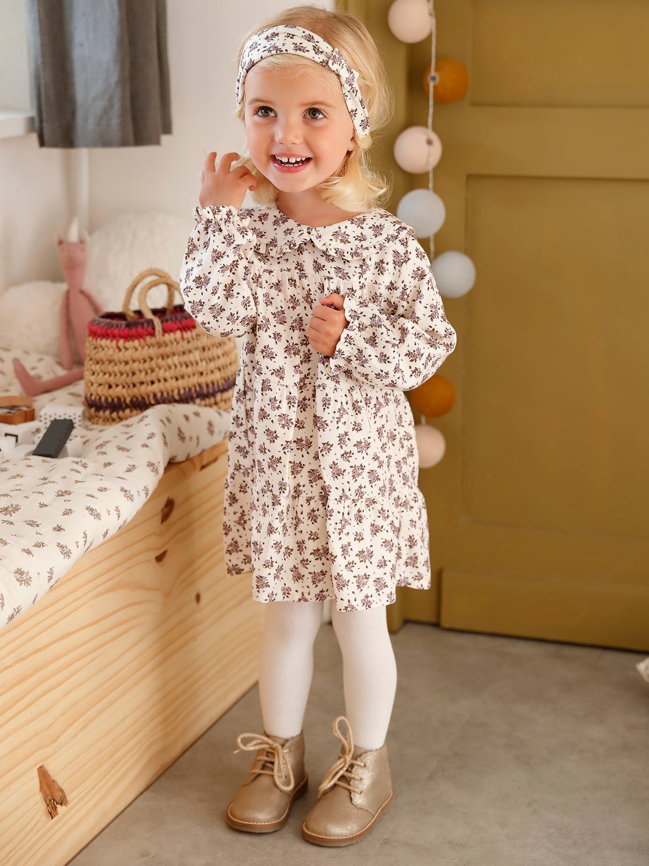 Belastingbetaler Verdikken conjunctie 3-delige babyset jurk + maillot + haarband - beige met print, Baby