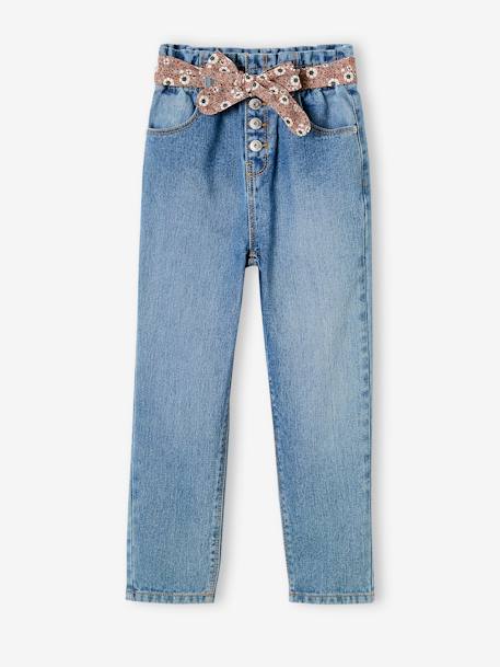 Jean style paperbag et sa ceinture fleurie fille denim brut+denim gris+noir+stone - vertbaudet enfant 