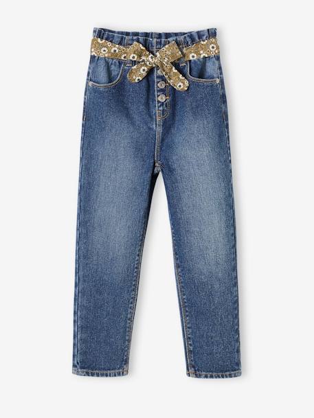 Jean style paperbag et sa ceinture fleurie fille denim brut+denim gris+noir+stone - vertbaudet enfant 