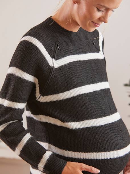 Pull maille perlée grossesse et allaitement Rayé noir et beige+Vert olive - vertbaudet enfant 